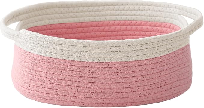 JMvicyroam Small Woven Basket, Empty Gift Basket, White&Pink/1 Pack | Small Gift Basket, Cotton Rope, 12 x 8 x 69 in, Handles, Includes Ribbon and Bag, Birthday Gift Basket by JMvicyroam