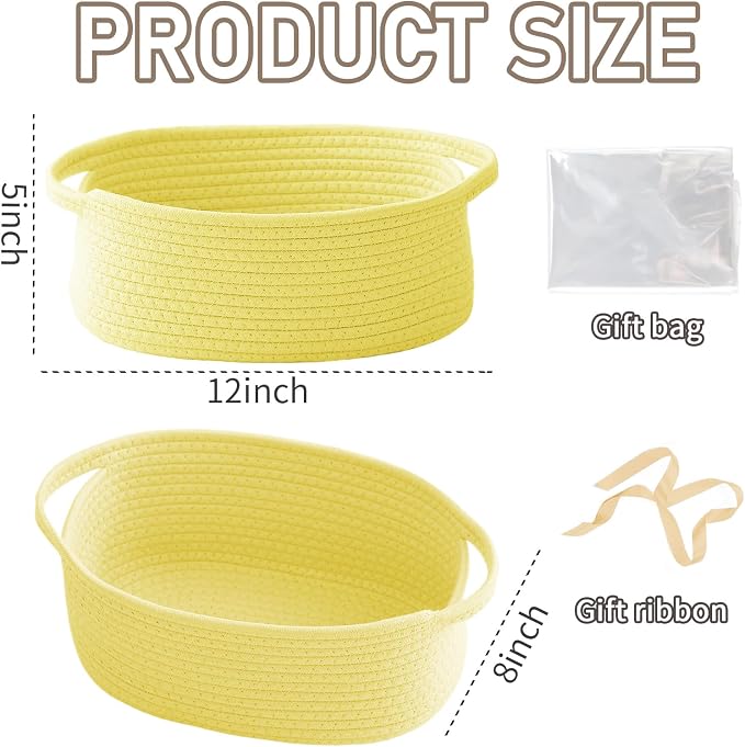 JMvicyroam Small Woven Basket, Empty Gift Basket, Yellow/2 Pack | Small Gift Basket, Cotton Rope, 12 x 8 x 40 in, Handles, Includes Ribbon and Bag, Birthday Gift Basket - Image 2