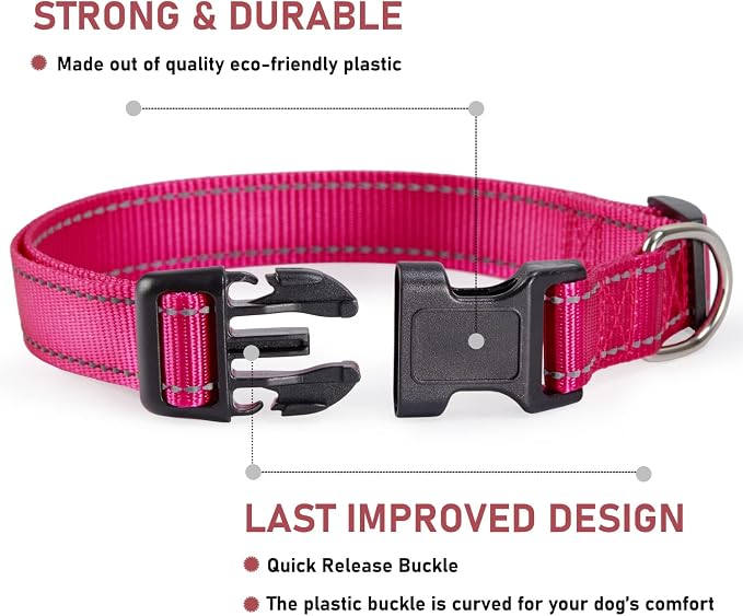 Reflective Dog Collar with Buckle Adjustable Safety Nylon Collars for Small Medium Large Dogs, Pink S | Comfortable & Breathable, No Chafing on Walks and Outdoor Hikes, Metal D-Ring, Night Safety - Image 2