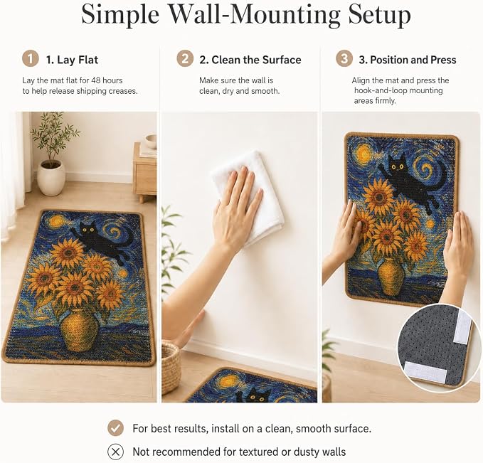 Art Sisal Cat Scratcher Mat, Cat Wall Scratchers for Indoor Cats | Wall Mounted Cat Scratcher, Natural Sisal, No-Drill Hook & Loop Setup, Wall or Floor Use, 23.6 x 15.7 Inch, Sunflower - Image 9