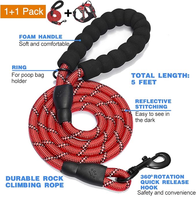 tobeDRI No Pull Dog Harness Adjustable Reflective Oxford Easy Control Medium Large Dog Harness with A Free Heavy Duty 5ft Dog Leash, Red, M - Image 2