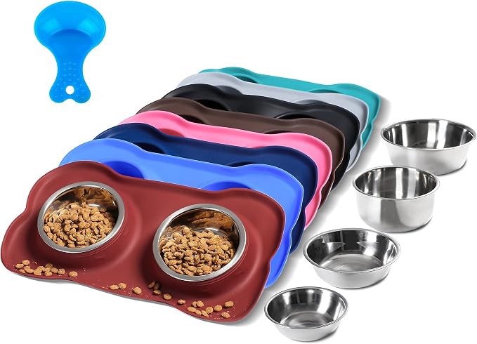 Hubulk Pet Dog Bowls 2 Stainless Steel Dog Bowl with No Spill Non-Skid Silicone Mat + Pet Food Scoop Water and Food Feeder Bowls for Feeding Small Medium Large Dogs Cats Puppies (Large, Burgundy) by Hubulk