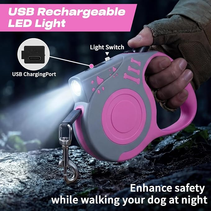 Retractable Dog Leash with USB Rechargeable Flashlight, Pink | 16FT Automatic Telescopic Tractor Dog Leash, Durable ABS Case and Comfort Grip, Designed for Small Medium Dogs Up to 30lbs - Image 2