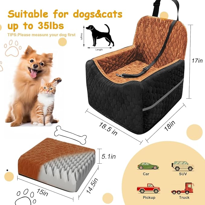 Dog Car Seat for Small/Medium Dogs, Memory Foam Dog Booster Seat, Travel Safety Per Car Seat with Washable Removable Cover, Storage Pockets for Dogs up to 35 lbs (Black/Red Brown, Small) - Image 2