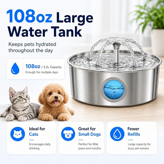 Cat Water Fountain, 3.2L 108Oz Stainless Steel Pet Fountain, 12 Filters | Stainless steel cat fountain, dishwasher safe with triple filtration, quiet pump and visible water window for cats and dogs. - Image 4