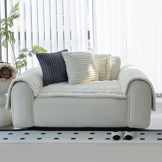 Sofa Couch Cover, Sofa Covers for Dogs Washable, Non-Slip Striped Sofa Slipcovers for Sectional Sofa, Sofa Cover Furniture Protector for L Shaped(Beige White, 27.6"x 27.6") by MDSASFD