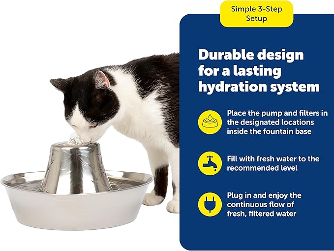 PetSafe Seaside Stainless Cat & Dog Fountain, 60 oz, 2 Filters & Pump | 60 Oz Capacity, 360-Degree Flow, Triple-Filter with 2.5x More Activated Carbon, Scratch/Rust-Resistant Stainless Steel - Image 6