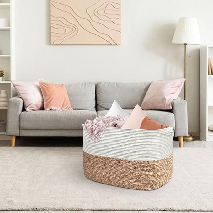 MEGASKET 108L Super Large Blanket Basket, 25" x 16" x 16" Woven Jumbo Basket for Blankets, Toys, Laundry, Extra Large Cotton Rope Pillow Holder Organizer, Entryway Shoes Bin, Living Room Storage - Image 7
