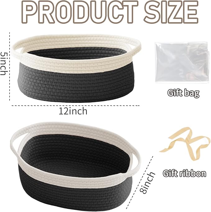 JMvicyroam Small Woven Basket, Empty Gift Basket, White&Black/3 Pack | Small Gift Basket, Cotton Rope, 12 x 8 x 62 in, Handles, Includes Ribbon and Bag, Birthday Gift Basket - Image 2
