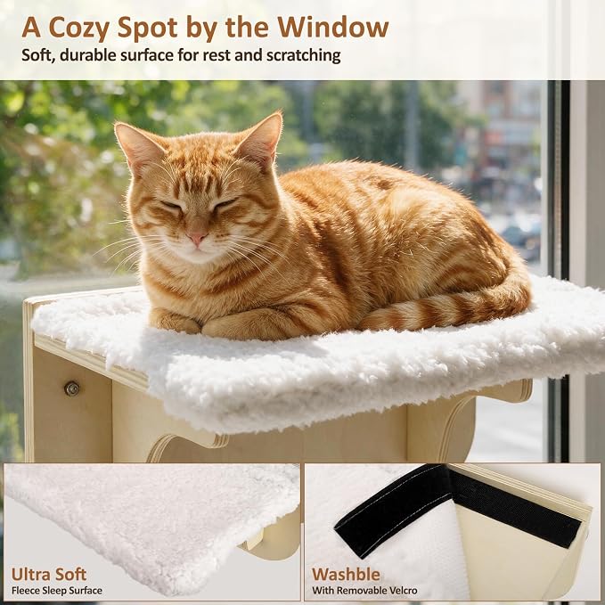 TIMIEEYA Cat Window Perch Sturdy Cat Hammock Window Seat with 2 Wood Steps, Cats Hammock Window 16"x10" Solid Wood Frame, Strong Suction Cups, Washable Cover Mat, Window Bed for Indoor Cats - Image 4
