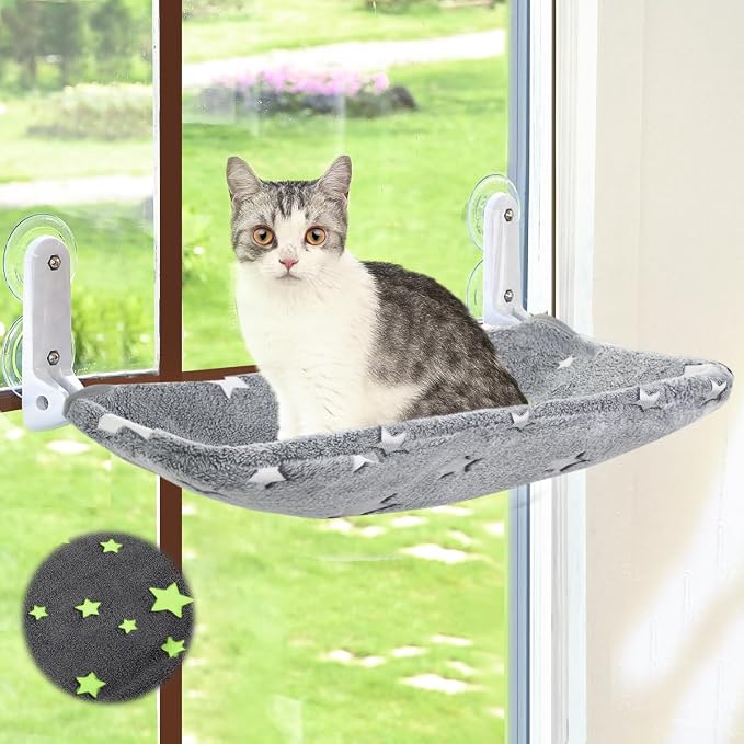 Zoratoo Glow in the Dark Cat Window Perch, Foldable Cordless Pet Hammock, L | Glowing Stars Fabric, Sturdy Metal Frame, Removable for Machine Wash, Comfortable Sunken Design Resting Seat for Indoor Cats by Zoratoo