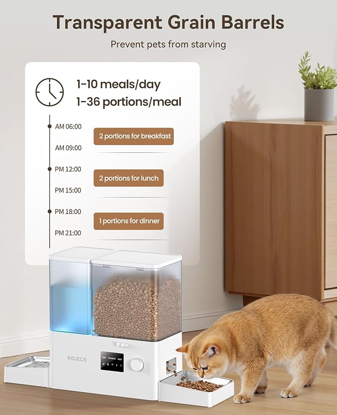 ROJECO 2-in-1 Automatic Cat Feeder & Water Dispenser,WiFi Control Feeding | 2.4G WiFi APP/Timed Feeding/5L Food Feeder,3.5L Water Fountain/Stainless Steel Bowls/Detachable Clean/White - Image 2