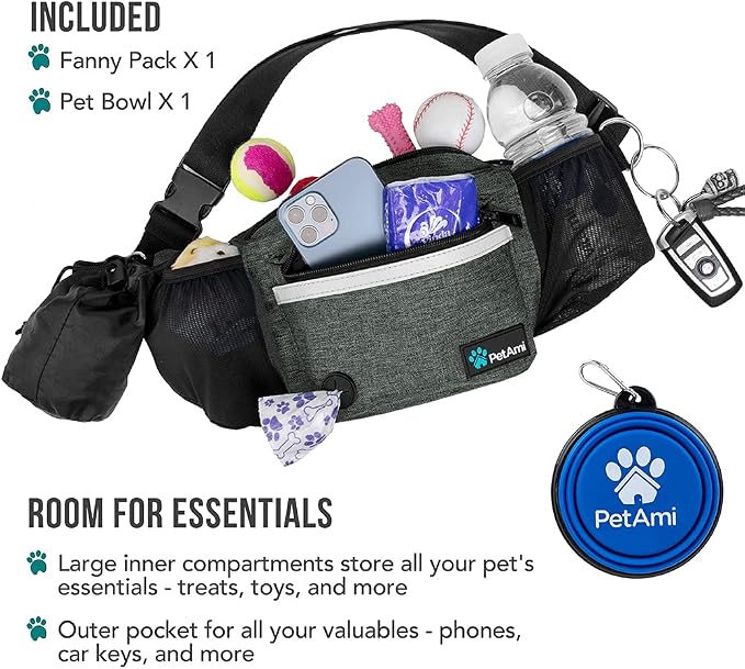 PetAmi Dog Fanny Pack, Treat Pouch for Dog Walking Training, Dark Gray | Built in Poop Bag Dispenser, Water Bottle Holder, Collapsible Bowl, Pet Treat Waist Belt for Hiking Running Kibbles - Image 2