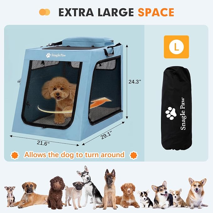 Metal Frame Dog Car Crate, Portable Pet Carrier for Medium Large Dog,Blue,L | Secure with Seatbelt & Headrest Strap,fits Backseat/Trunk,3-Door Mesh Windows,Storage Pockets,Ideal for Road Trips & Travel - Image 3