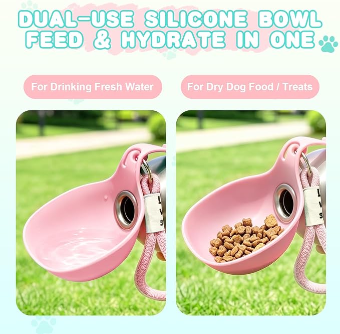 Drain-Back Stainless Steel Portable Dog Water Bottle with Bowl for Walks | 10oz 2-in-1 Leak-proof Pet Water Tumbler, Puppy Water Dispenser Ideal for Small Dogs Travel, Hiking, Park & Beach Trips(Pink) - Image 2