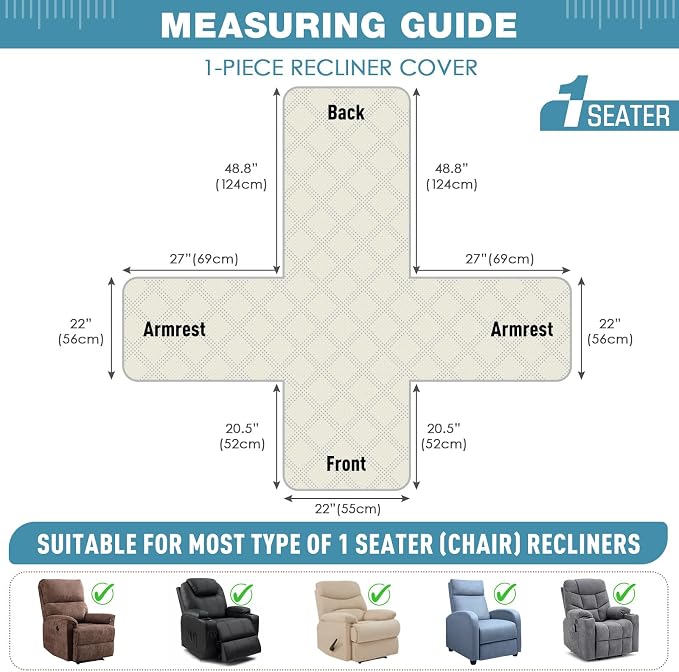 TAOCOCO 100% Waterproof Recliner Chair Covers, Non Slip Recliner Covers for Recliner Chair with Pocket, Washable Reclining Chair Cover Furniture Protector for Kids,Dogs(22'', Sky Blue) - Image 2