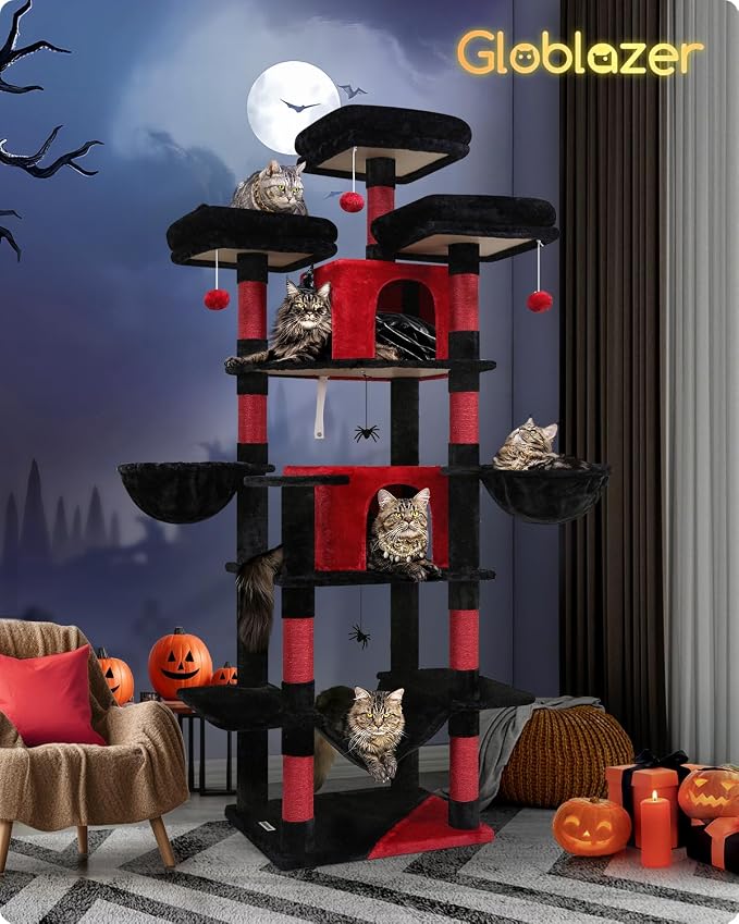 Globlazer Big XXL Gothic Cat Tower for Indoor Multiple Cats, F80 | 80 inch Cat Tower for Adult Cats Cat Tree with Scratching Post, Hammock, 3 Perches, 2 Condos, 2 Hanging Basket - Image 7