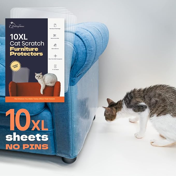 Cat Scratch Couch Protector - 10XL Sheets, Clear (Almost Invisible), Extra Durable, Easy to Customize, Residue-Free Furniture Protector by KatSupreme