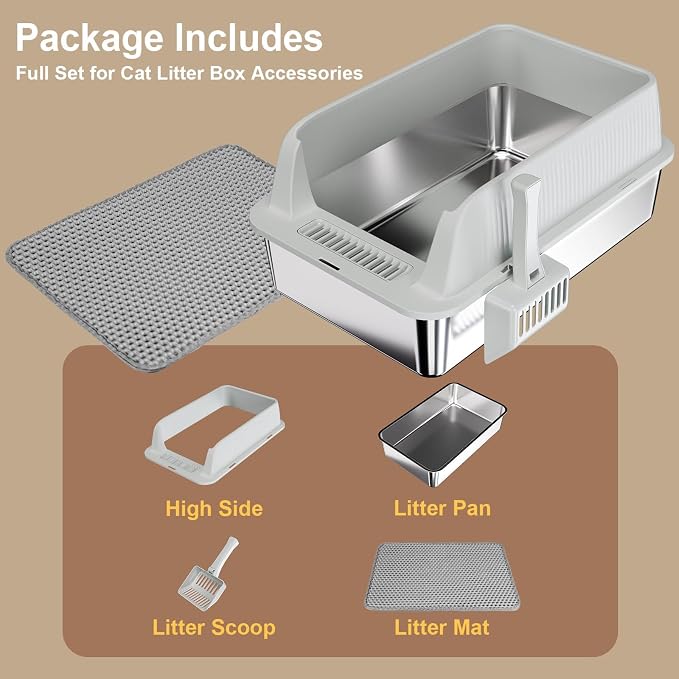 TENTIZON 2 Pack Stainless Steel Cat Litter Box, XL Large Metal Kitty Litterbox with High Side Lids, Litter Mat, Scooper for Big Cats, Multi Cats, No Odor, No Mess, Leak Proof, Easy Clean, Non Stick - Image 7
