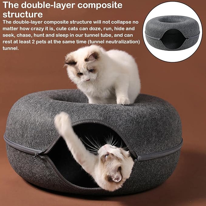 Felt Cat Cave Bed with Removable Cover, Cozy Pet Shelter for Indoor Cats, Zippered Washable Cat House with Roomy Interior (Dark Gray, for Cats Under 15 lbs, Donut Tunnel Style) - Image 3