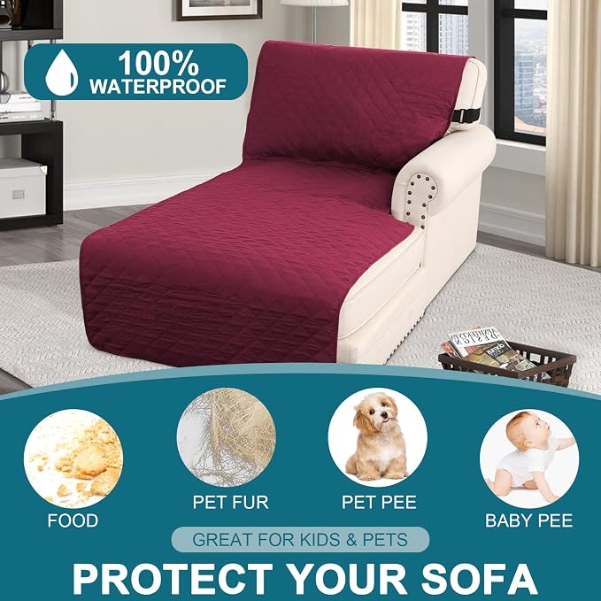 Turquoize 100% Waterproof Sofa Covers Chaise Lounge L Shape Sofa Protector Slip Cover Triple Non-Slip Sofa Slipcover for Sectional Couch Cover for Pets, Kids (Chaise, Burgundy) - Image 2