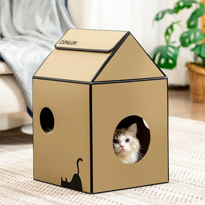Conlun 2-in-1 Cat House Cardboard Scratching Pad Indoor Cave <13 lbs | 2-in-1 cozy cave, heavy-duty recycled cardboard | traps messy crumbs | quick setup | ideal for small cats - Image 6