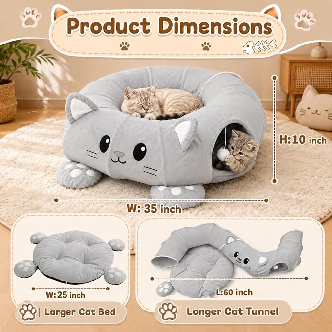 Cat Tunnel Bed with 21 Interactive Toys | Kitten Bed with Collapsible Tunnel for Indoor Cats, Cute Play Tube with Enrichment Toys (Grey, Kitten Pattern) - Image 4