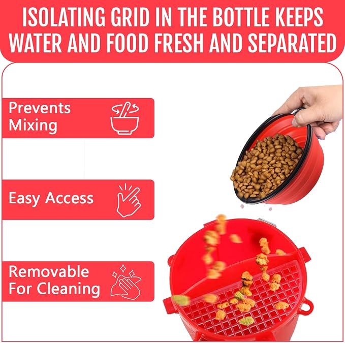 Dog Travel Water Bottle W/Collapsible Bowls - Portable 2 in 1 Leakproof Pet Water Bottle Food Container Ideal for Travel, Outdoor Portable Water Bowls for Walking, Camping & Hiking - (Red) - Image 5