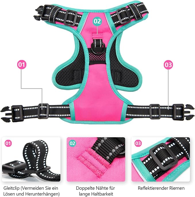 Upgraded No Pull Dog Harness, Reflective Adjustable Vest | with a Training Handle + 2 Metal Leash Hooks+ 3 Snap Buckles +4 Slide Buckles(XS, Pink) - Image 4