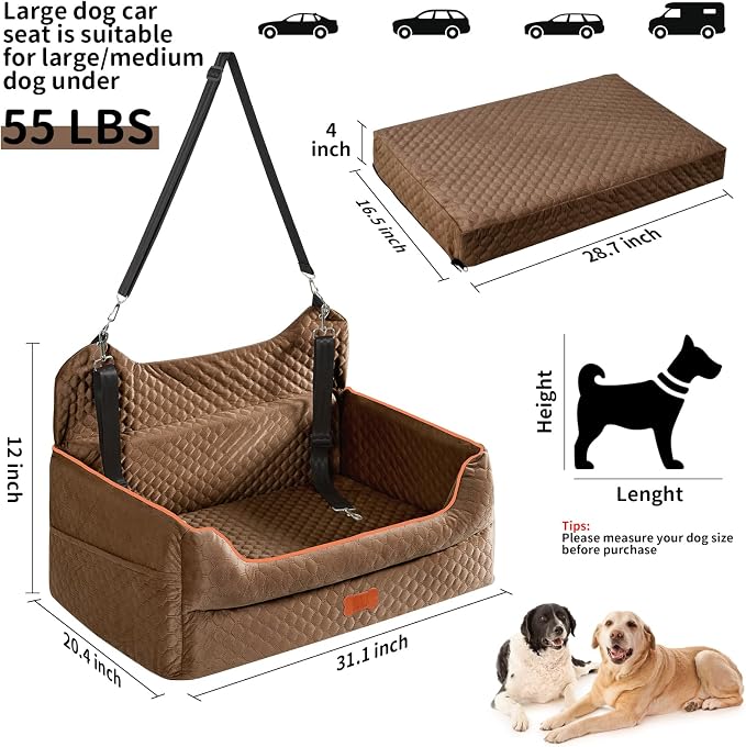 Dog Car Seat for Medium & Large Dogs Up to 55 lbs or 2 Small Dogs, Brown | Memory Foam Elevated Booster Seat with Safety Belts, 4-Inch Thick Cushion, Storage Pockets and Removable Washable Cover - Image 2