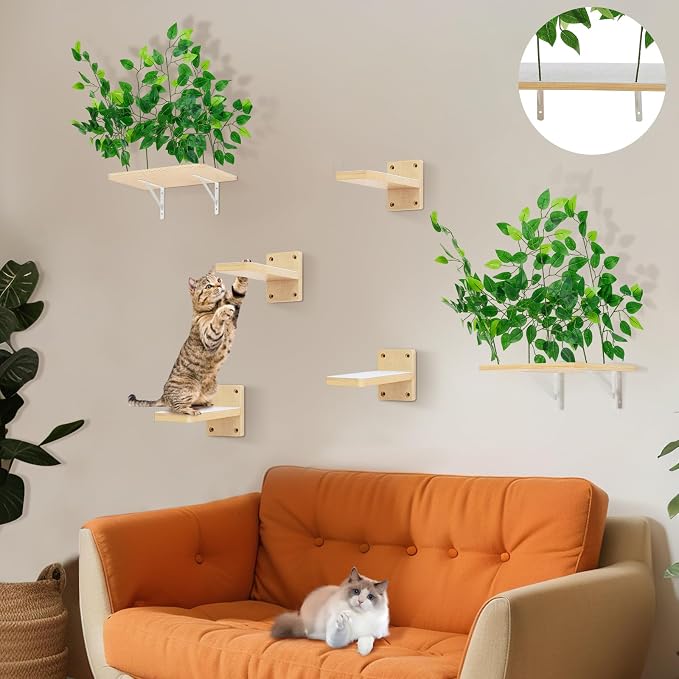 Gemscream 2 Pieces Cat Wall Shelves with 4 Steps Wall Mounted Cat Shelves and Perches Cat Furniture for Cats Kitten Kitty Indoor Living Room Climbing Scratching Playing and Relaxing Playground - Image 4