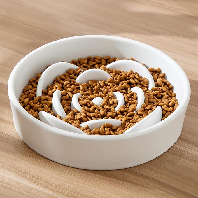 8.25'' Ceramic Slow Feeder Dog Bowls - Petal Shape Modern Dog Food Dish for Medium and Large Breeds, Puzzle Maze Bowl to Slow Down Eating, Anti-Gulping, Dishwasher & Microwave Safe, White - Image 7