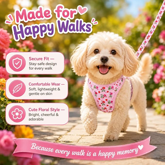 Step in Valentine's Day Dog Harness Leash Set- All Weather Reflective No-Pull Floral Pattern Padded Mesh Vest Harness for Cats Puppy Extra-Small Small Medium Large Dogs - Heart Rose - L - Image 4