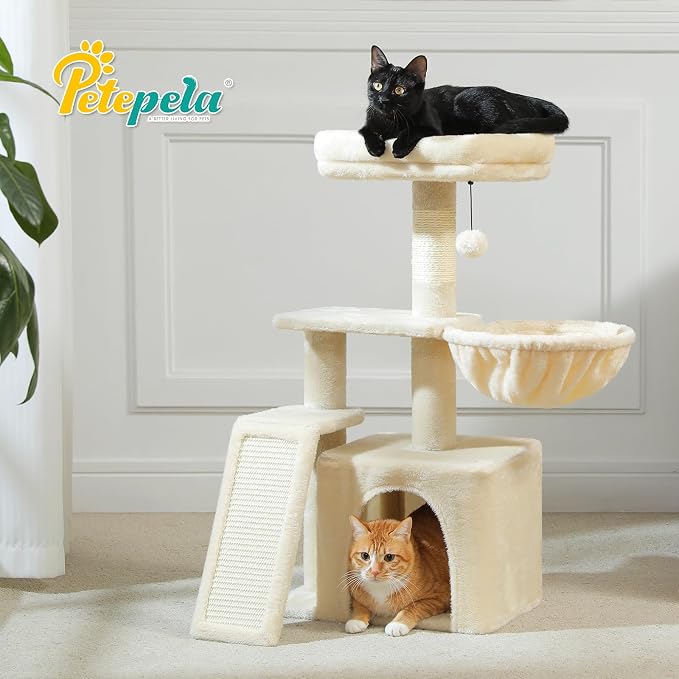 PETEPELA Cactus Cat Tree for Kittens & Small Cats, 32in Cat Tower, Beige | Compact 4-in-1: sisal ramp, cozy hammock, condo & washable top bed; for kittens & small indoor cats - Image 8