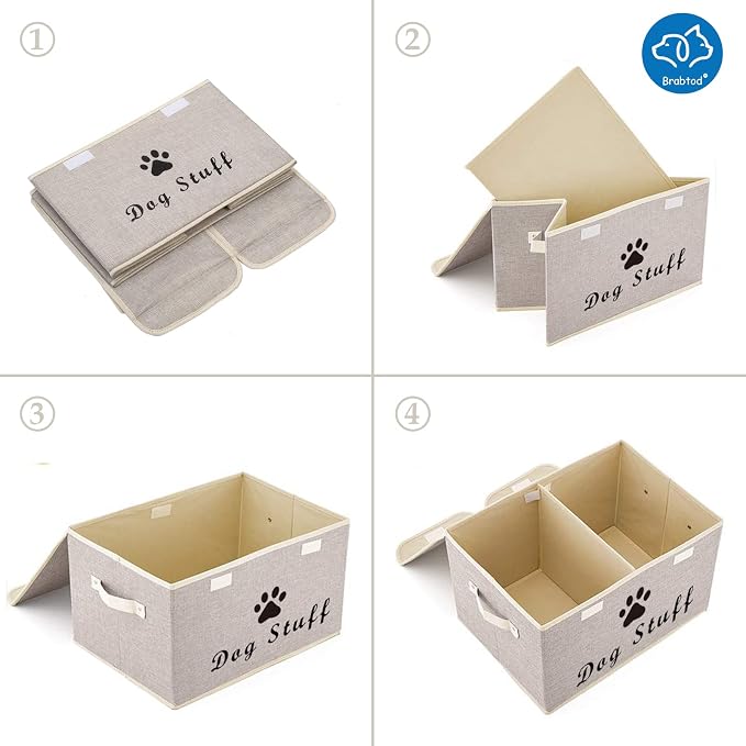 Large Dog Toys Storage Box Canvas Storage Basket Bin Organizer with Lid - Collapsible Linen Bin Ideal for Organizing Dog Cat Toys and pet Stuff-PP Boad-17" x 12" x 10" - Beige - Image 5