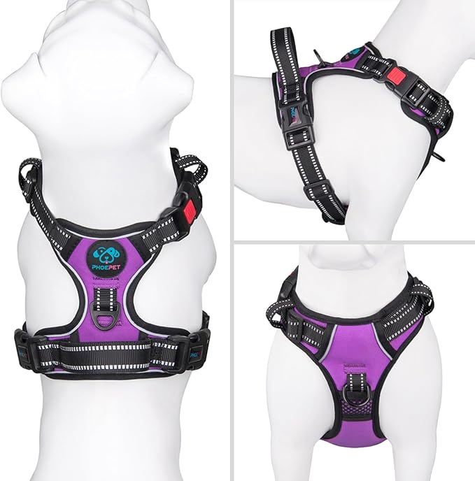 Reflective Dog Harness Large Breed Adjustable No Pull Vest | with Handle 2 Metal Rings 3 Buckles [Easy to Put on & Take off](L, Purple) - Image 2