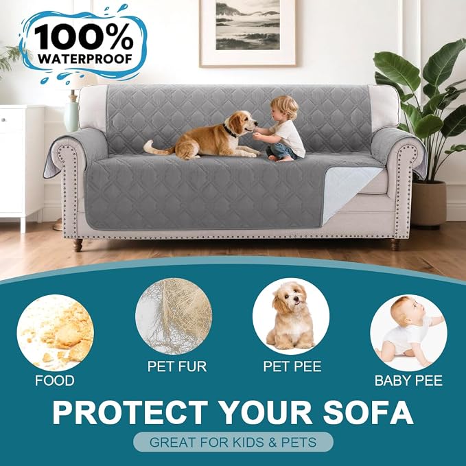 Turquoize 100% Waterproof Sofa Covers Couch Cover for 3 Cushion Couch Triple Non-Slip Sofa Slipcover Washable Furniture Protector for Pets, Kids, Dog (XL Sofa 78", Light Gray) - Image 2