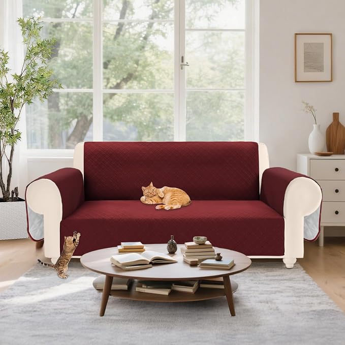Velvet 100% Waterproof Loveseat Covers Washable Love Seat Couch Covers for 2 Cushion Couch Sofa Pet Friendly Sofa Slipcovers for Dogs Furniture Protector with Pockets (Medium, Wine Red) - Image 7