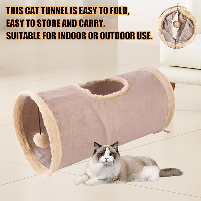 Cat Tunnel,Indoor Cat Play Tube Toys with Play Ball,Durable Collapsible Rabbit Hideaway Tunnel for Kitten,Bunny, Guinea Pig, Rat, Hamster, Ferret, Chinchilla (Khaki) - Image 3