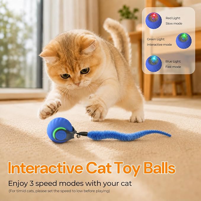 Interactive Cat Toys with Bird Sounds & 3 Speed Modes for Indoor Cats Play | Bird Sounds, 3 Speed Modes, Rechargeable Automatic Rolling, 3 Tails, Fast Charging Ball, For Indoor Cats on Hard Floor Carpet - Image 2
