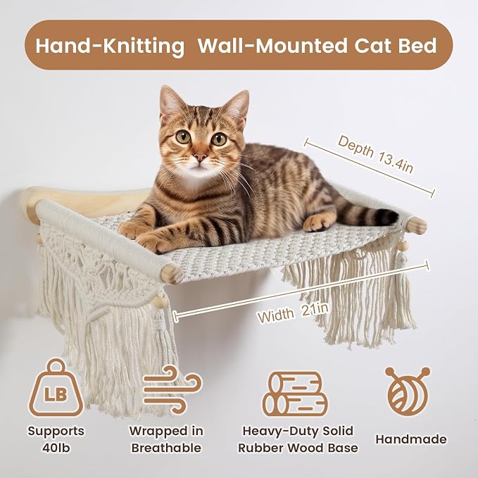 Macrame Cat Wall Shelves & Hammock - Comfy Cat Beds with Window Perch for Indoor Cats, Sleeping & Climbing, Cotton Rope, Natural Wood, Maximum Hold up to 30lb, Beige White - Image 2