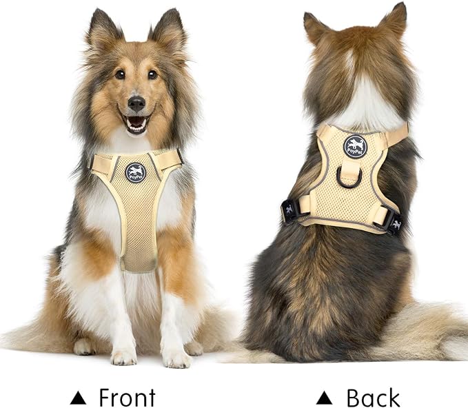 PoyPet Mesh Dog Harness, Reflective Breathable Puppy Vest for Large Dogs | Lightweight, Soft Air Mesh, Back D-ring, Adjustable, Comfortable, Double Padded, No Choke, for Daily Walking, L, Khaki - Image 2