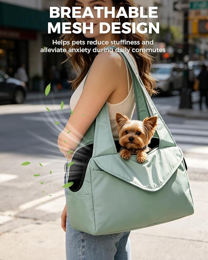 Lightweight Dog Purse with Large Pockets for Small Dogs up to 8 lb | Stylish, Soft-Sided Small Dog Carrier with Safety Buckle and Breathable Anti-Scratch Mesh for Travel, Sage Green - Image 4