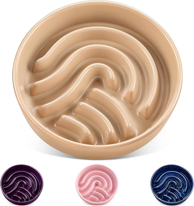 vancasso Slow Feeder Dog Bowl, 1.5 Cup Ceramic Slow Feeding Food Dish for Small and Medium Breed, Puzzle Dog Food Bowl for Fast Eater, Brown by vancasso