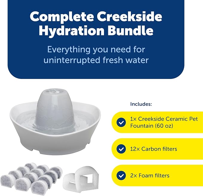 PetSafe Creekside Ceramic Pet Fountain, 60 Oz, Extra Filters | 60 Oz Capacity, Whisper-Quiet Flow, Includes 12 Extra Carbon & 2 Extra Foam Filters, Dishwasher Safe, Cats & Small Dogs - Image 2