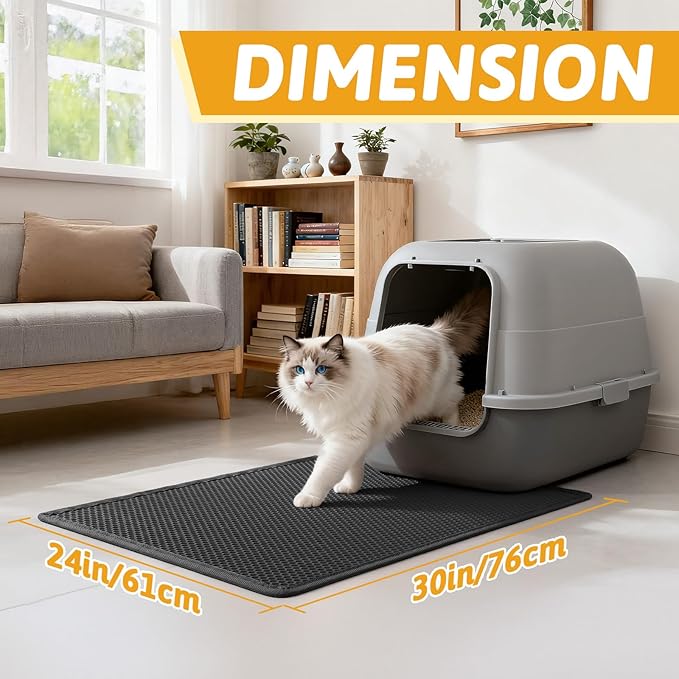 Pieviev Kitty Litter Mat, Double-Layer Waterproof Design, 30" x 24" Black | Honeycomb Litter Box Mat Catches Scattered Particles to Stop Tracking, Urineproof Base protects Floors, Easy to Clean - Image 2