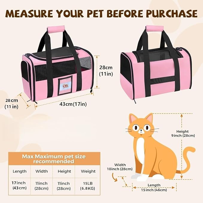 Cat Carrier Soft with Detachable Food Bowl,Soft-Sided Pet Bag(Up to 16 lbs) | Puppy Crate with Lockable Zippers,Airline Travel for Small Dog,Kitten,Animal,Breathable Mesh Kennel,Carrying Case,Pink - Image 3