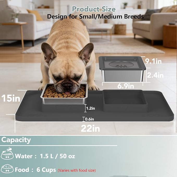 Dog Bowl Set, No Spill Dog Water and Food Bowl with Silicone Mat | Large Capacity 304 Stainless Steel Bowls, 2-In-1 Set, Slow Drinking, Anti-Slip Silicone Feeding Mat, Home/Travel, 6-7 Cups - Image 2