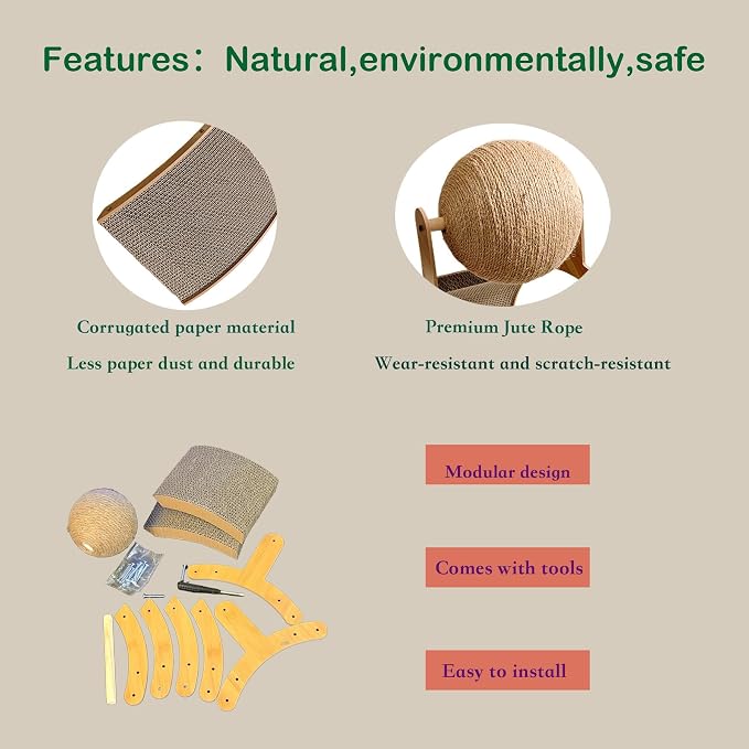 Cat Scratcher with Sisal Ball & Tunnel Toy, Dual-Surface Furniture Protector for Cats, Chinchillas, Hamsters, Rabbits - Stable Wide-Base Arch Design(Not for Large Cats) - Image 4