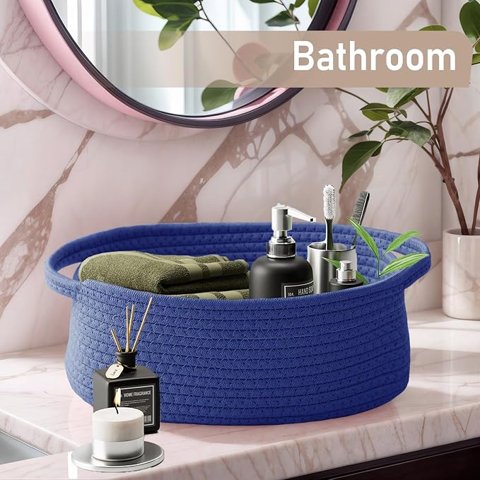 JMvicyroam Small Woven Basket, Empty Gift Basket, Navy Blue/3 Pack | Small Gift Basket, Cotton Rope, 12 x 8 x 29 in, Handles, Includes Ribbon and Bag, Birthday Gift Basket - Image 8